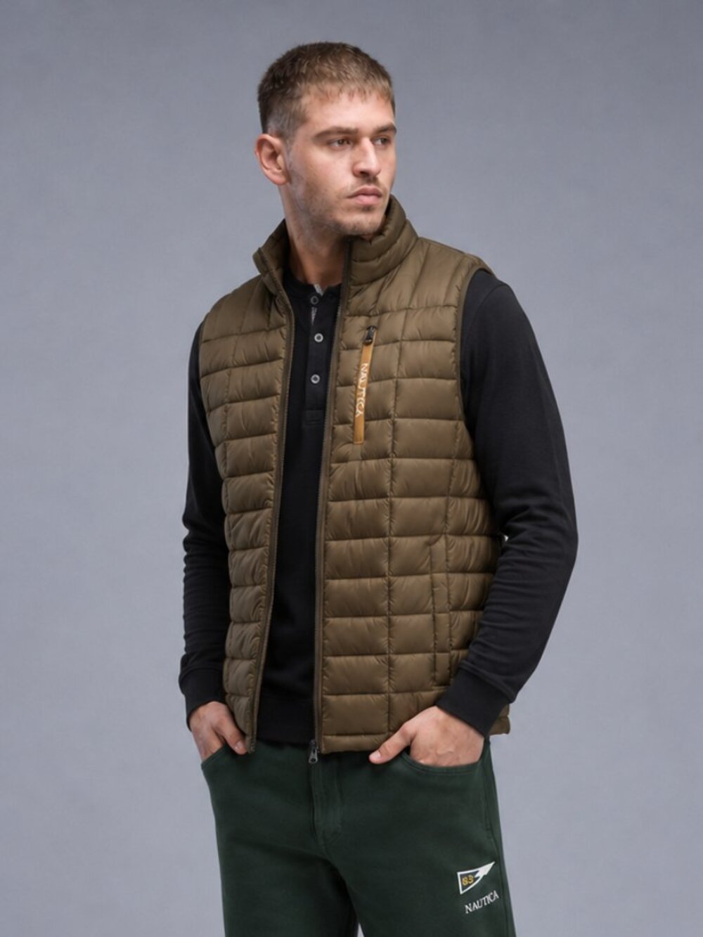 Nautica Men's Lightweight Puffer Vest Olive Brown Large